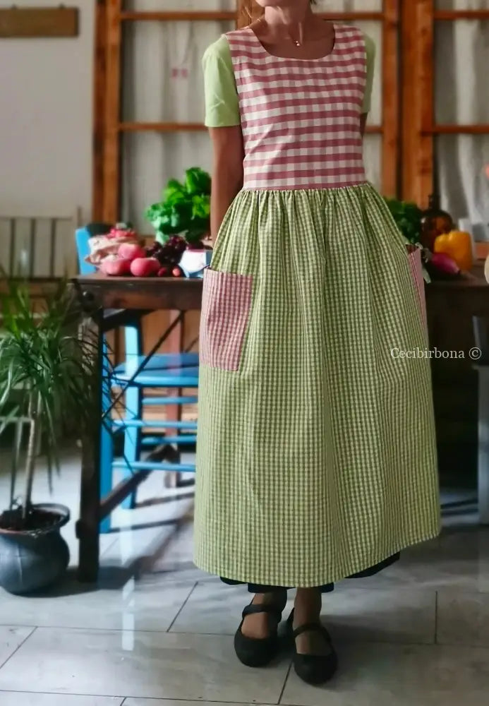 Grembiule patchwork a quadri verdi e rosa (Ref. 515) - grembiule donna tessuti moderni