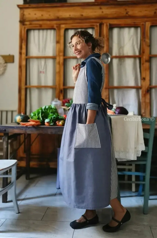 Grembiule patchwork in cotone blu/righe (Ref. 440) grembiule donna tessuti moderni