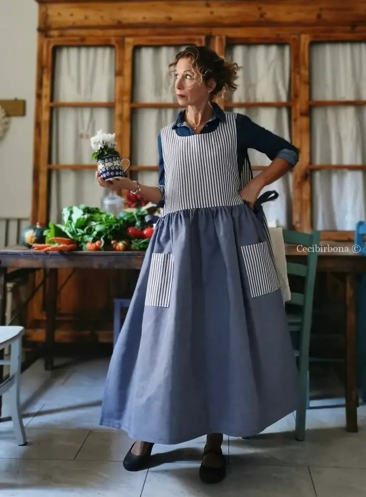 Grembiule patchwork in cotone blu/righe (Ref. 440) grembiule donna tessuti moderni