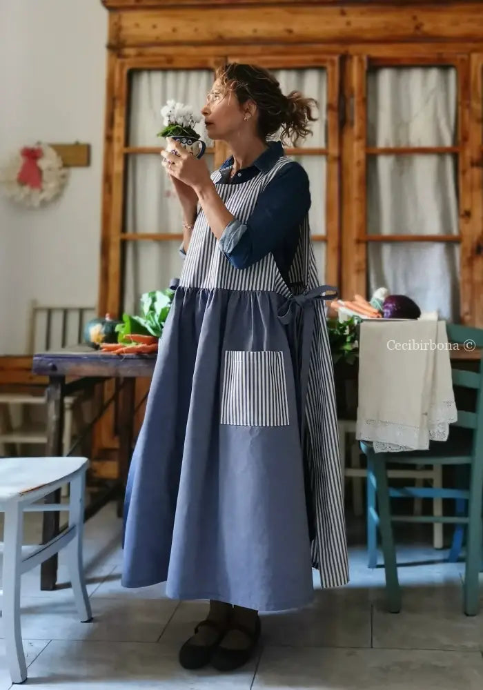 Grembiule patchwork in cotone blu/righe (Ref. 440) grembiule donna tessuti moderni