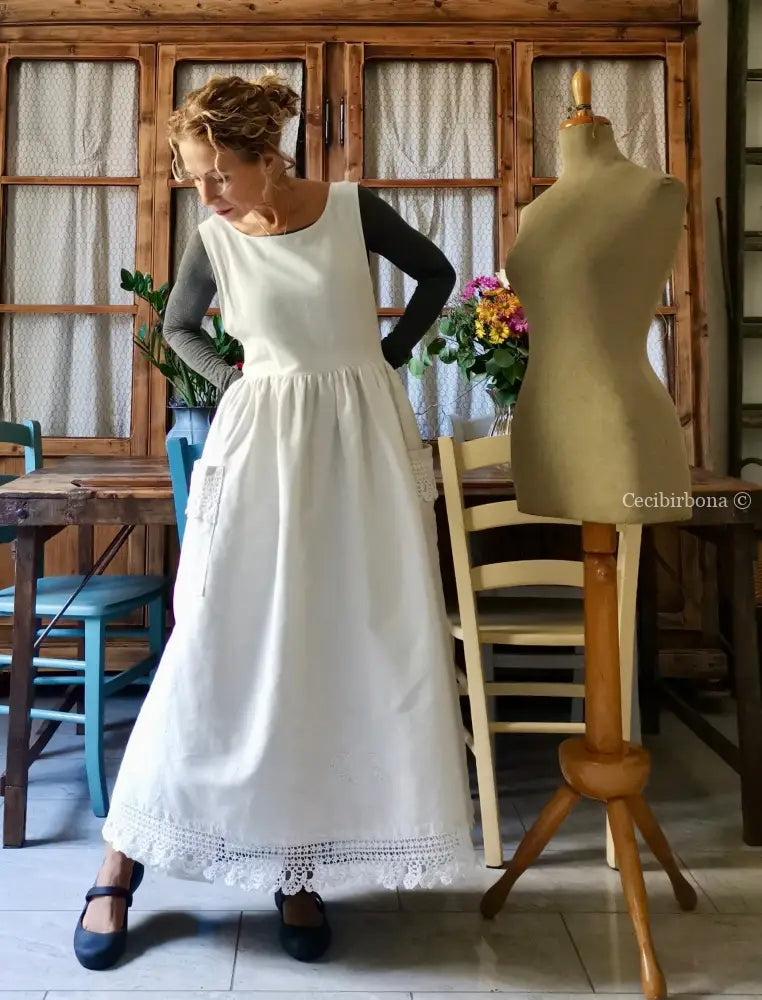 Grembiule per donna da cucina con balza uncinetto - grembiule bianco da cucina con pizzo grembiule donna tessuti antichi