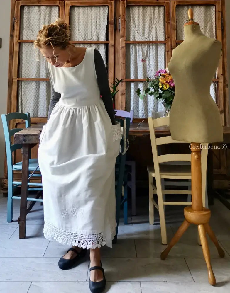 Grembiule per donna da cucina con balza uncinetto - grembiule bianco da cucina con pizzo grembiule donna tessuti antichi