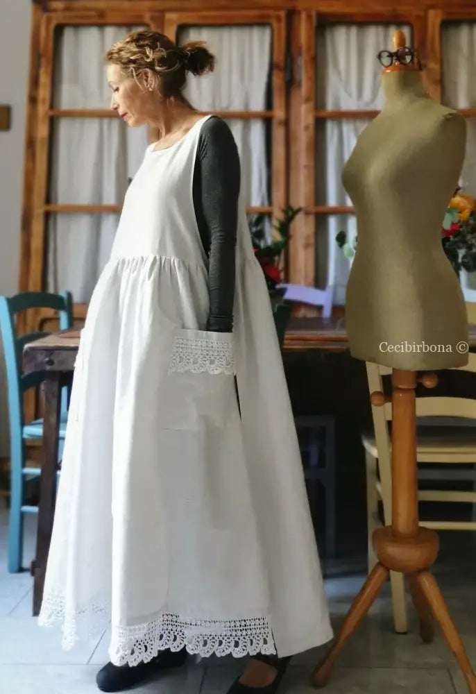 Grembiule per donna da cucina con balza uncinetto - grembiule bianco da cucina con pizzo grembiule donna tessuti antichi