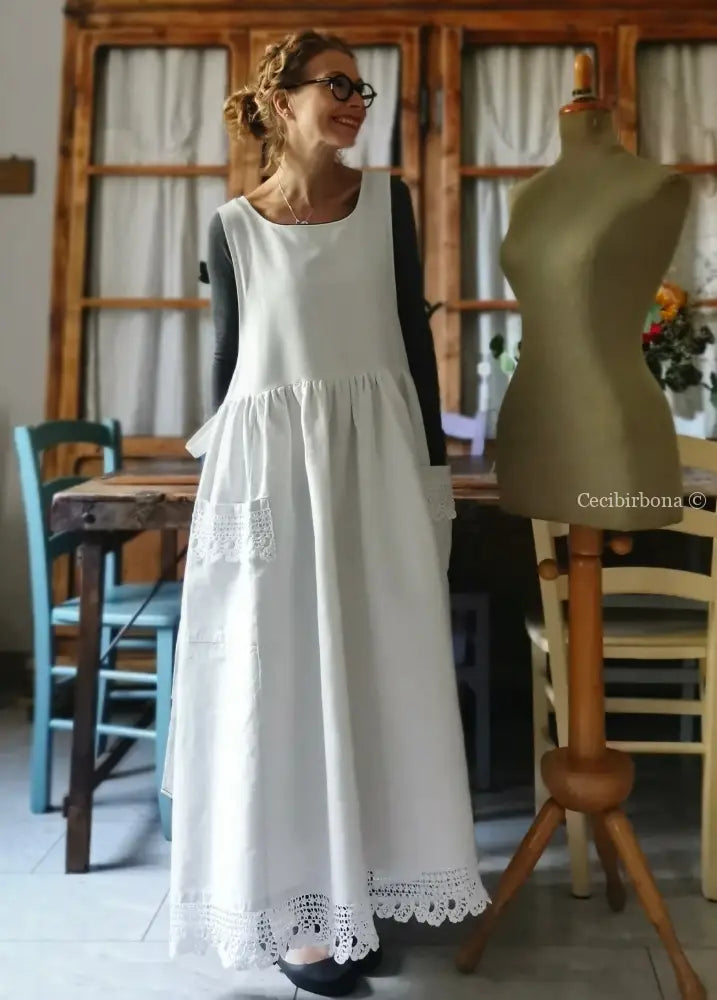 Grembiule per donna da cucina con balza uncinetto - grembiule bianco da cucina con pizzo grembiule donna tessuti antichi