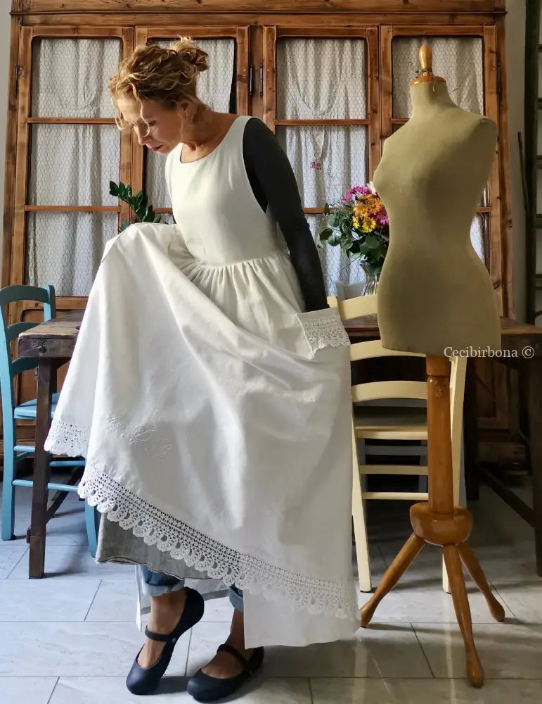 Grembiule per donna da cucina con balza uncinetto - grembiule bianco da cucina con pizzo grembiule donna tessuti antichi