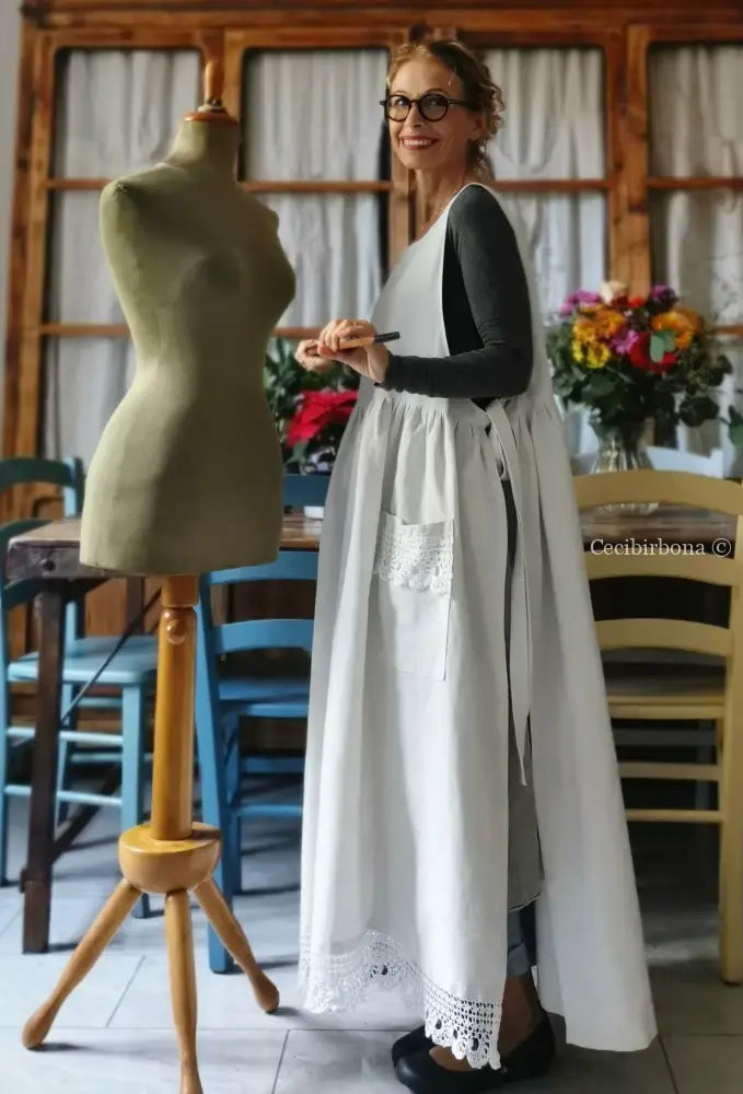 Grembiule per donna da cucina con balza uncinetto - grembiule bianco da cucina con pizzo grembiule donna tessuti antichi