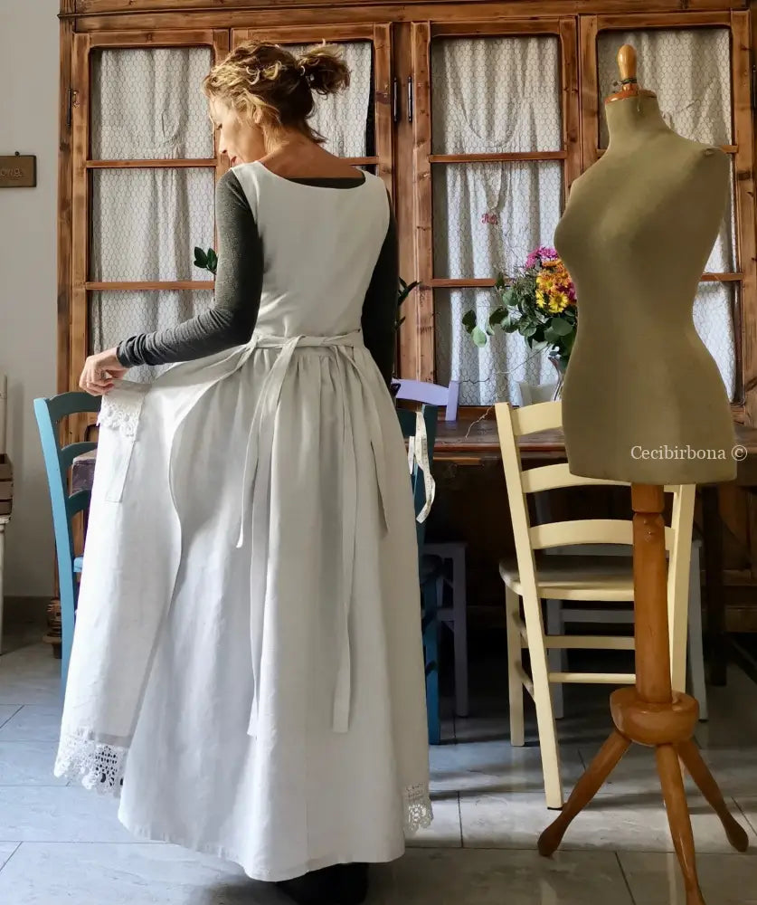 Grembiule per donna da cucina con balza uncinetto - grembiule bianco da cucina con pizzo grembiule donna tessuti antichi