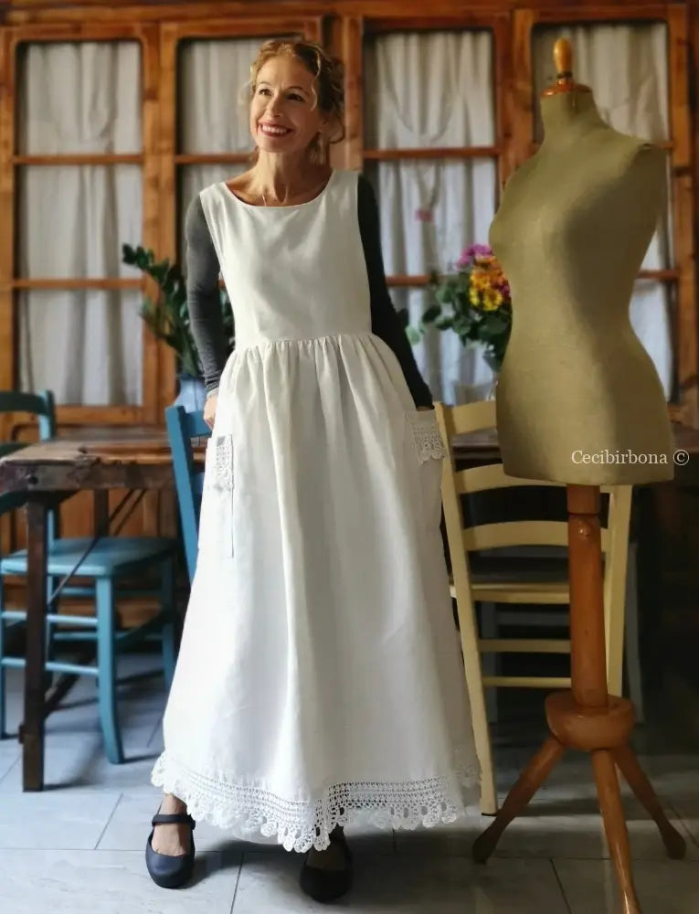 Grembiule per donna da cucina con balza uncinetto - grembiule bianco da cucina con pizzo grembiule donna tessuti antichi