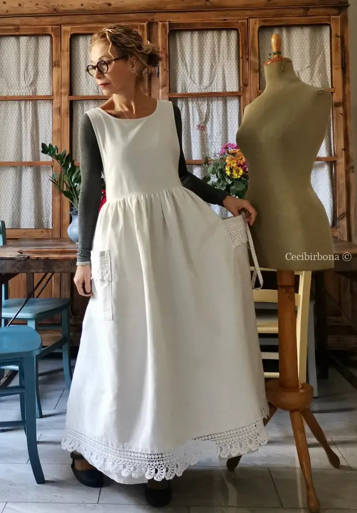 Grembiule per donna da cucina con balza uncinetto - grembiule bianco da cucina con pizzo grembiule donna tessuti antichi