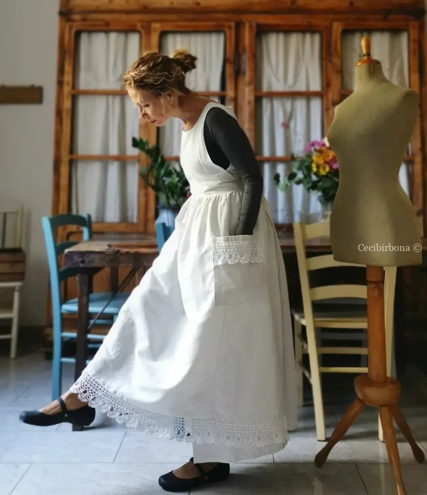 Grembiule per donna da cucina con balza uncinetto - grembiule bianco da cucina con pizzo grembiule donna tessuti antichi