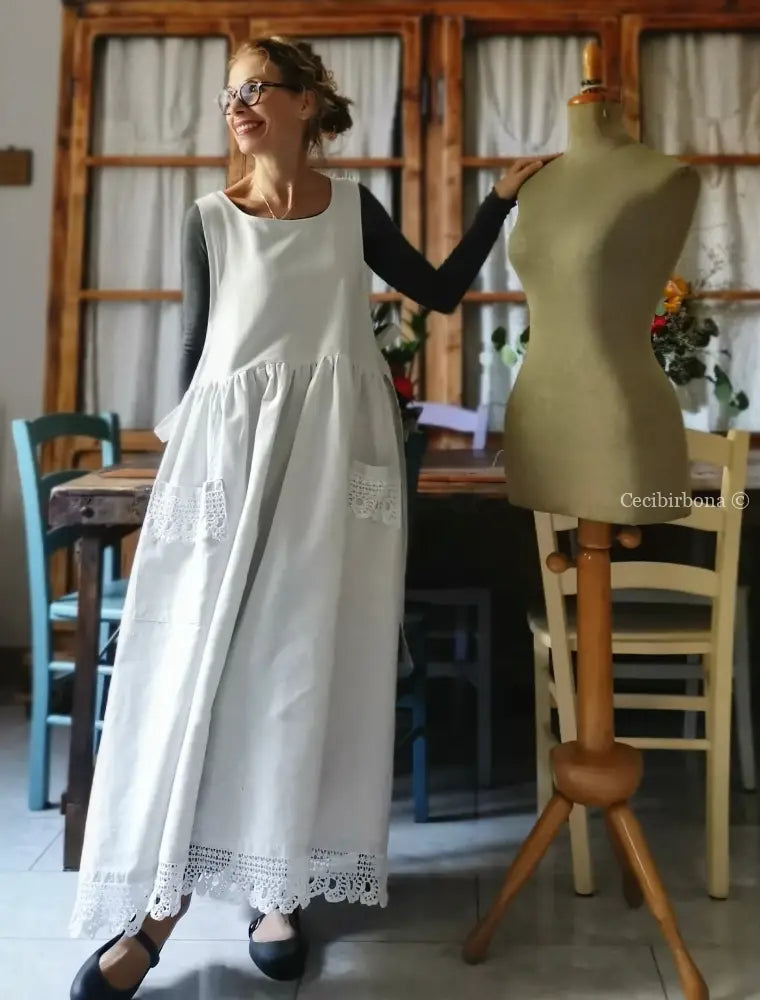 Grembiule per donna da cucina con balza uncinetto - grembiule bianco da cucina con pizzo grembiule donna tessuti antichi