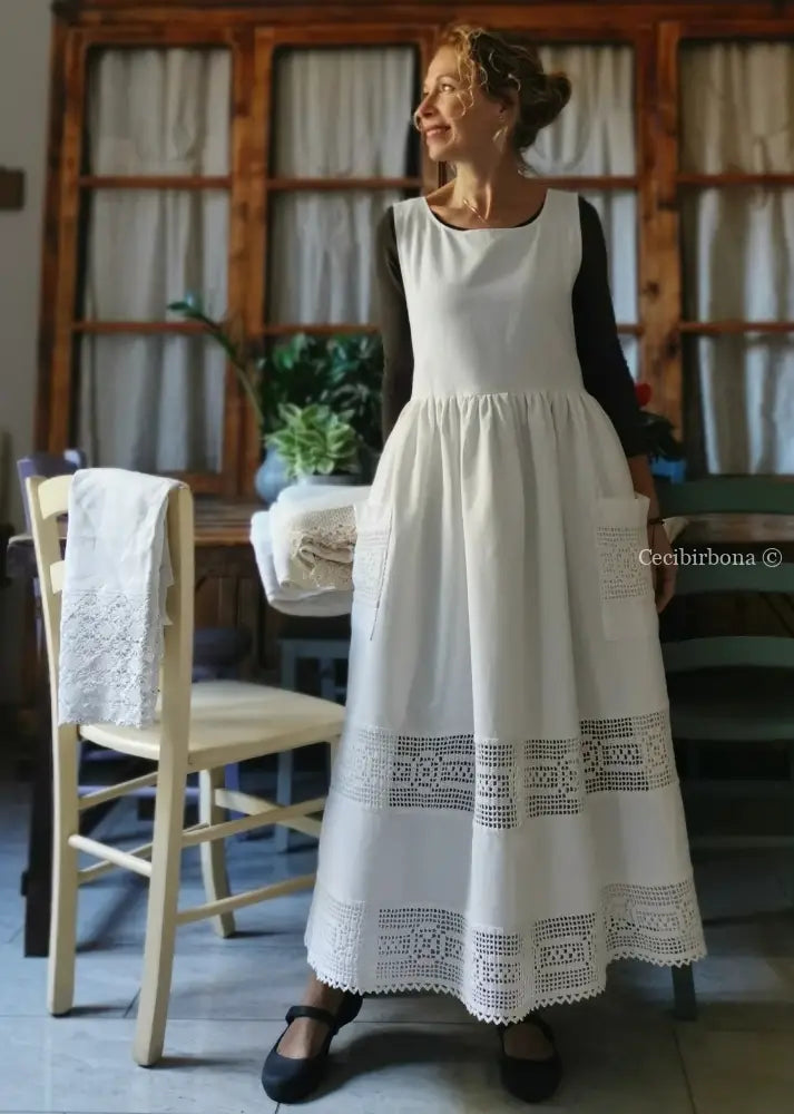 Grembiule per donna da cucina con balza uncinetto (Ref. 93) grembiule donna tessuti antichi