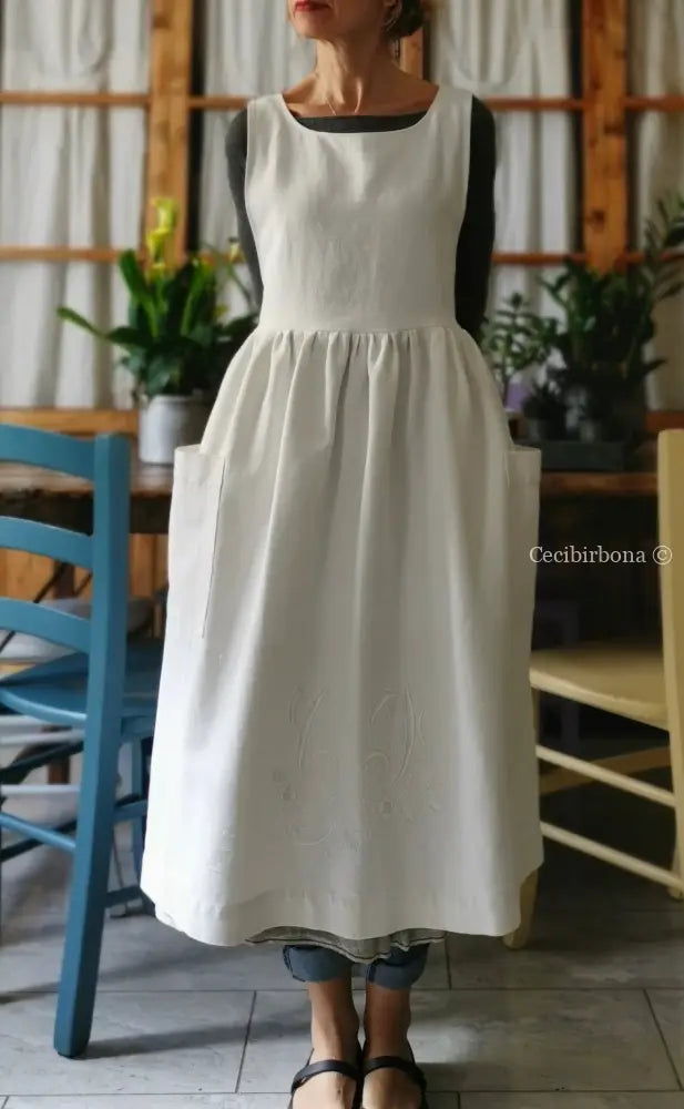 Grembiule per donna da cucina in cotone antico con monogramma CF (Ref. 11) grembiule donna tessuti antichi
