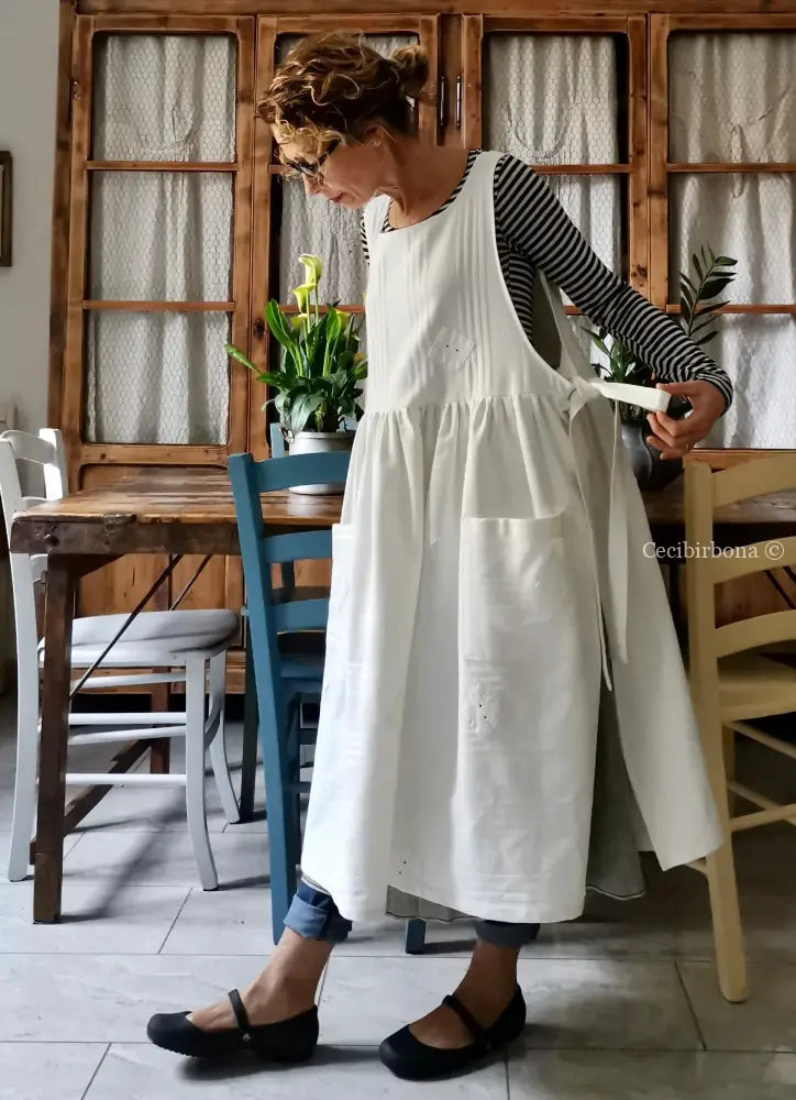 Grembiule per donna da cucina in cotone bianco vintage da materassi (Ref. 02) grembiule donna tessuti antichi