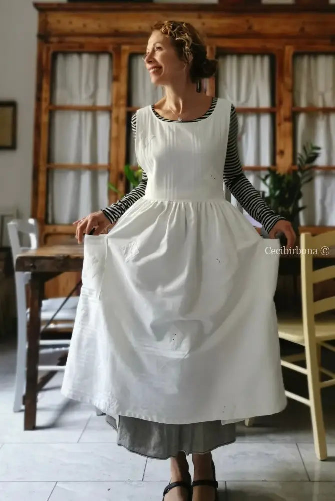Grembiule per donna da cucina in cotone bianco vintage da materassi (Ref. 02) grembiule donna tessuti antichi
