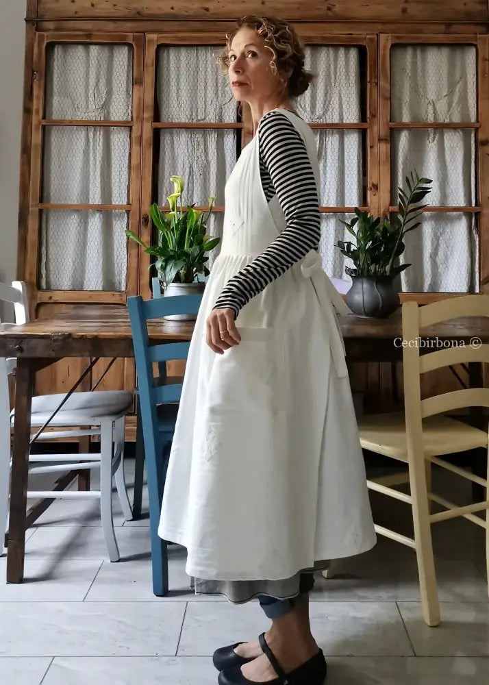 Grembiule per donna da cucina in cotone bianco vintage da materassi (Ref. 02) grembiule donna tessuti antichi