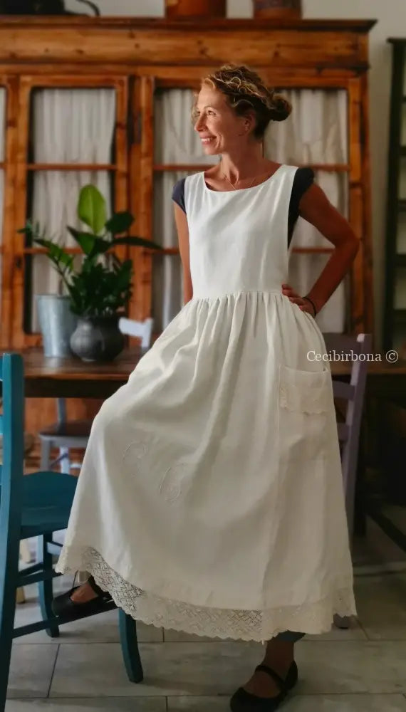 Grembiule per donna da cucina in lino antico con monogramma CC (Ref. 6) grembiule donna tessuti antichi