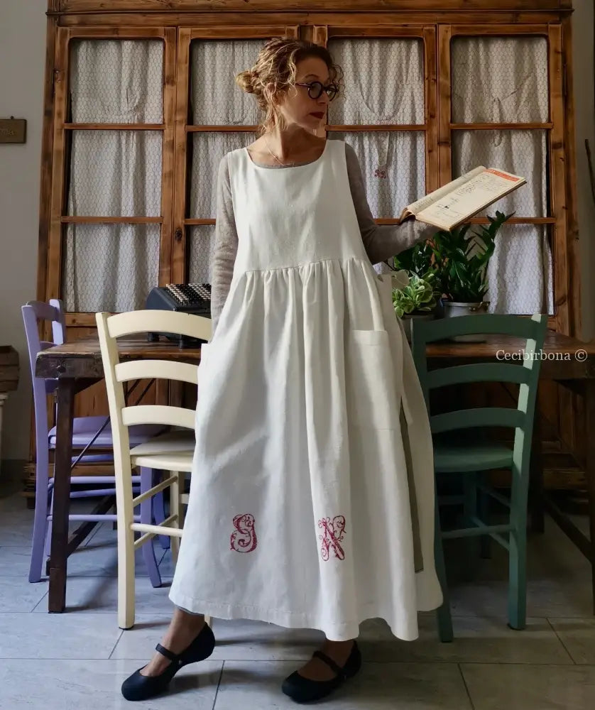 Grembiule per donna da cucina in lino antico con monogramma GN (Ref. 87) grembiule donna tessuti antichi