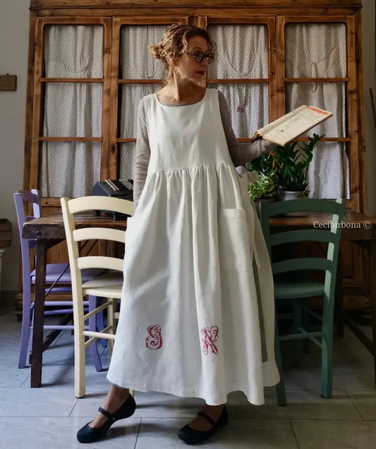 Grembiule per donna da cucina in lino antico con monogramma GN (Ref. 87) grembiule donna tessuti antichi