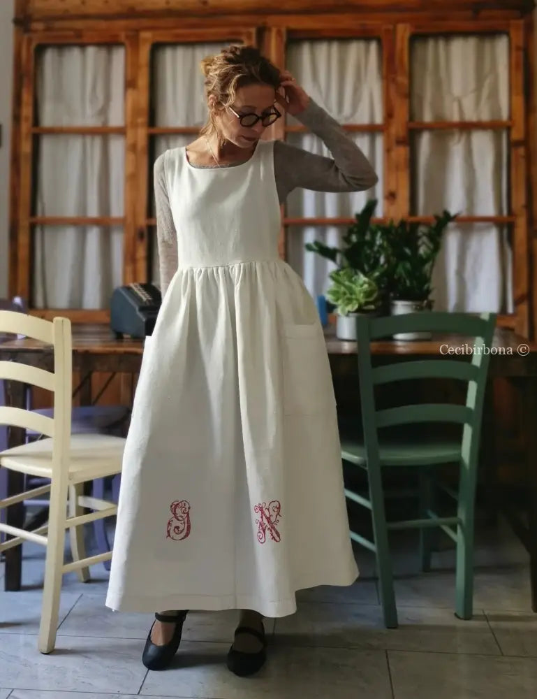 Grembiule per donna da cucina in lino antico con monogramma GN (Ref. 87) grembiule donna tessuti antichi