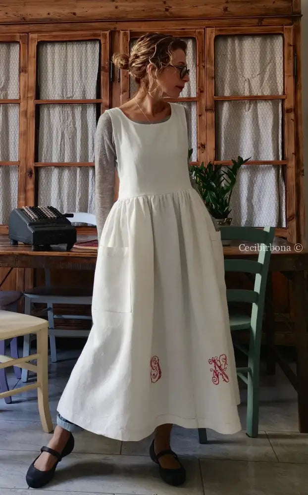 Grembiule per donna da cucina in lino antico con monogramma GN (Ref. 87) grembiule donna tessuti antichi