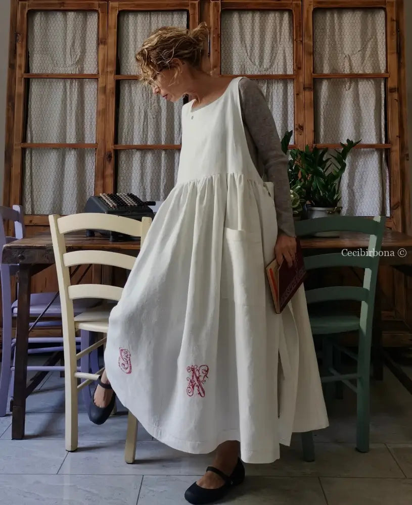 Grembiule per donna da cucina in lino antico con monogramma GN (Ref. 87) grembiule donna tessuti antichi