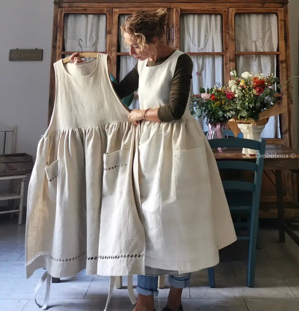 Grembiule per donna da cucina in lino e canapa con monogramma grembiule donna tessuti antichi