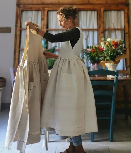 Grembiule per donna da cucina in lino e canapa con monogramma grembiule donna tessuti antichi