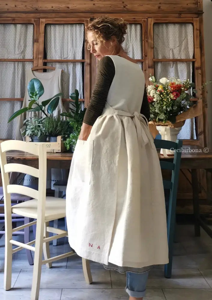Grembiule per donna da cucina in lino e canapa con monogramma grembiule donna tessuti antichi