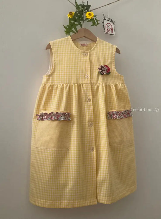 Grembiulino senza maniche a quadrettini gialli grembiule asilo bimba
