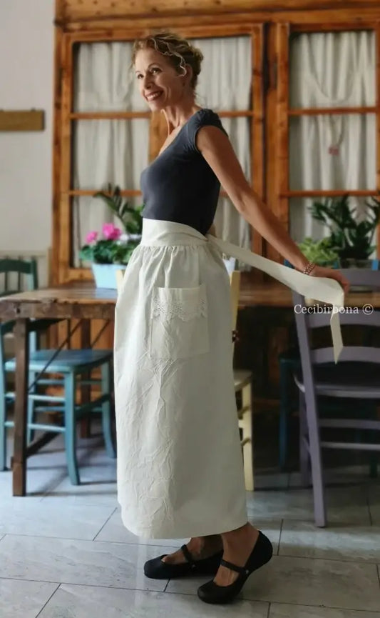 Mezzo grembiule in cotone vintage con tasche decorate (Ref. 192) abbigliamento