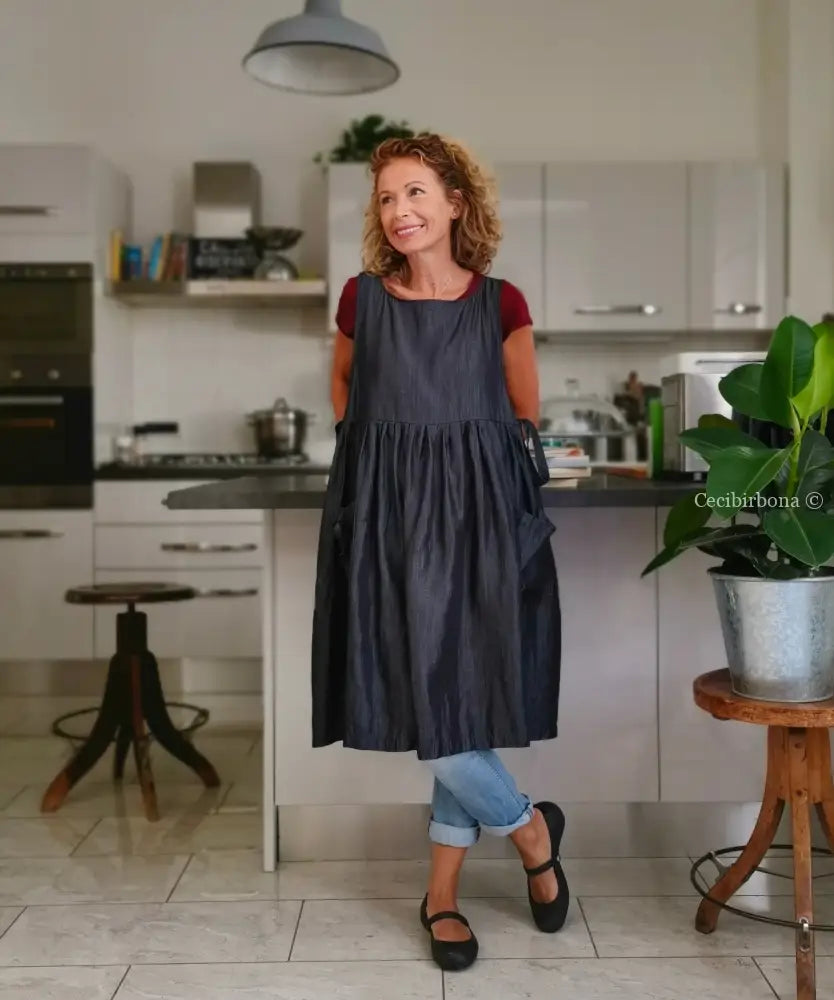 Reserved for Yeni Oh IN PREORDINE Il grembiule da cucina in chambray blu scuro grembiule donna tessuti moderni