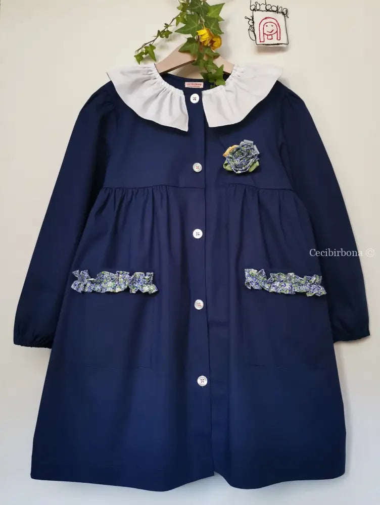 Riservato il grembiulino blu con fiore e rouches e colletto pierrot per scuola primaria grembiule scuola bimba