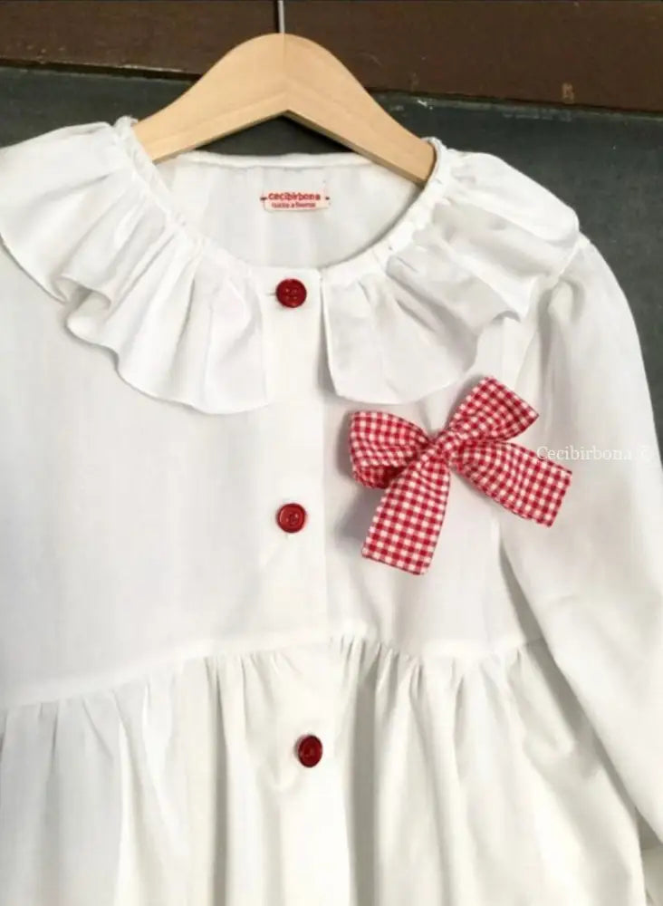 Riservato per Anna - Grembiule in cotone bianco con fiocco a quadrettini rossi e colletto pierrot grembiule scuola bimba