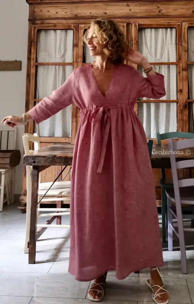 RISERVATO PER BARBARA Abito lungo con maniche in lino rosso ciliegia taglia 44 (Ref. 119) 44
