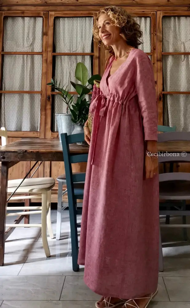 RISERVATO PER BARBARA Abito lungo con maniche in lino rosso ciliegia taglia 44 (Ref. 119) 44