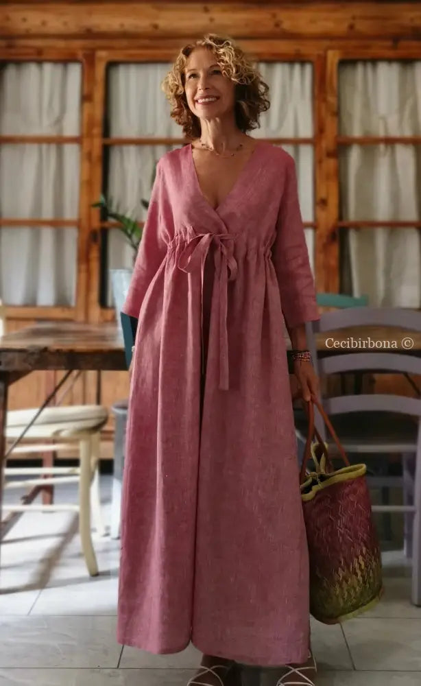 RISERVATO PER BARBARA Abito lungo con maniche in lino rosso ciliegia taglia 44 (Ref. 119) 44