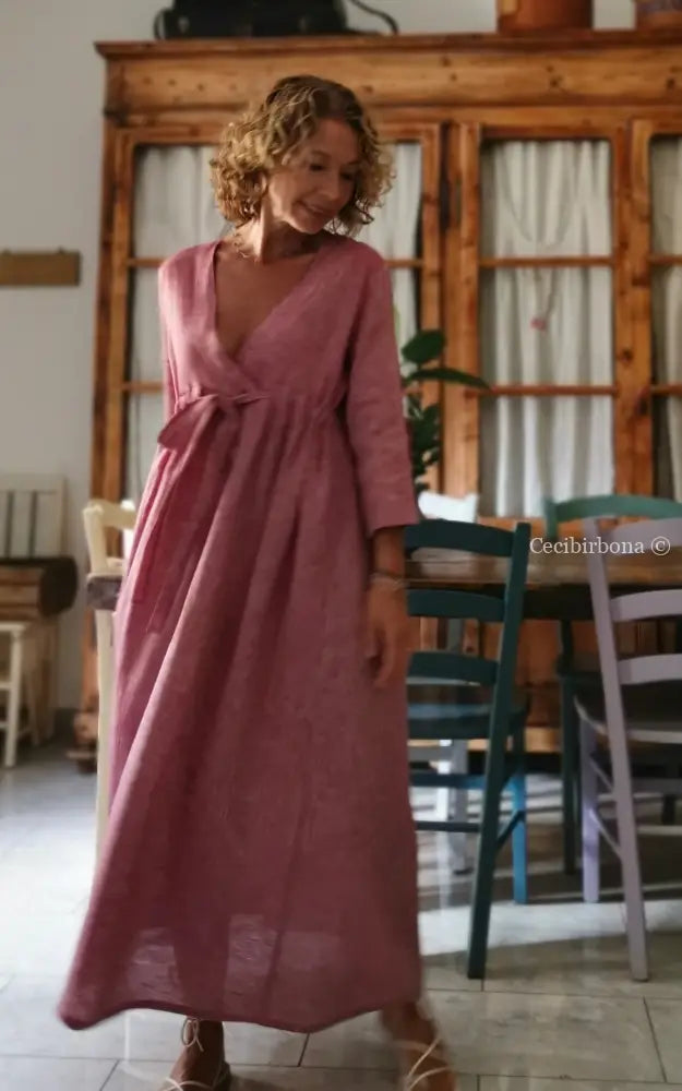 RISERVATO PER BARBARA Abito lungo con maniche in lino rosso ciliegia taglia 44 (Ref. 119) 44