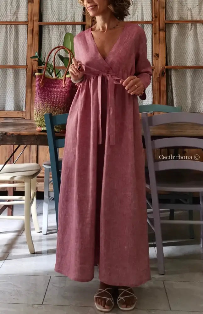 RISERVATO PER BARBARA Abito lungo con maniche in lino rosso ciliegia taglia 44 (Ref. 119) 44