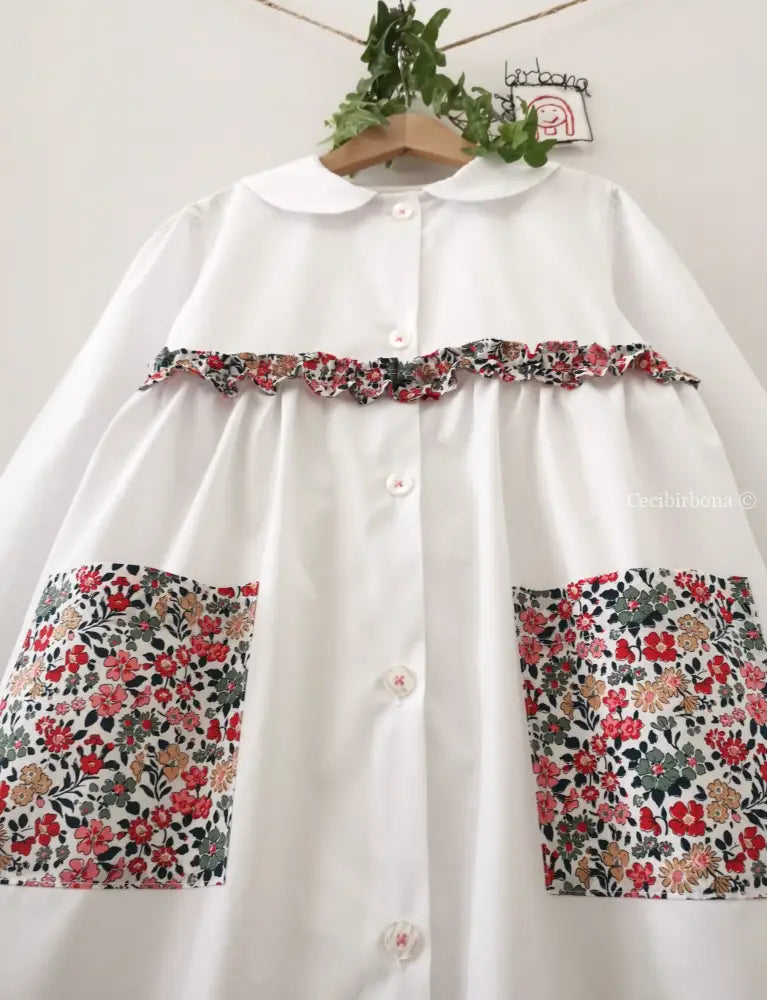 Riservato per Cecilia Il grembiulino bianco con i gerani - grembiule in cotone bianco per scuola primaria con colletto