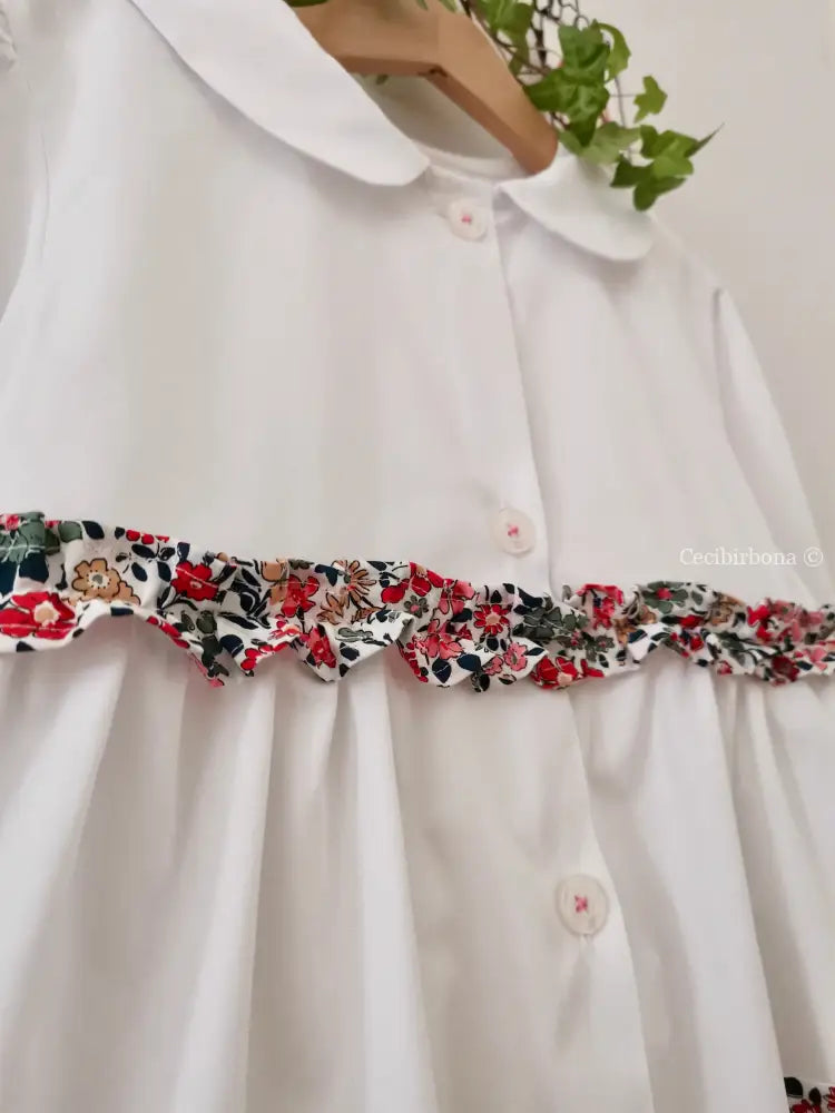 Riservato per Cecilia Il grembiulino bianco con i gerani - grembiule in cotone bianco per scuola primaria con colletto