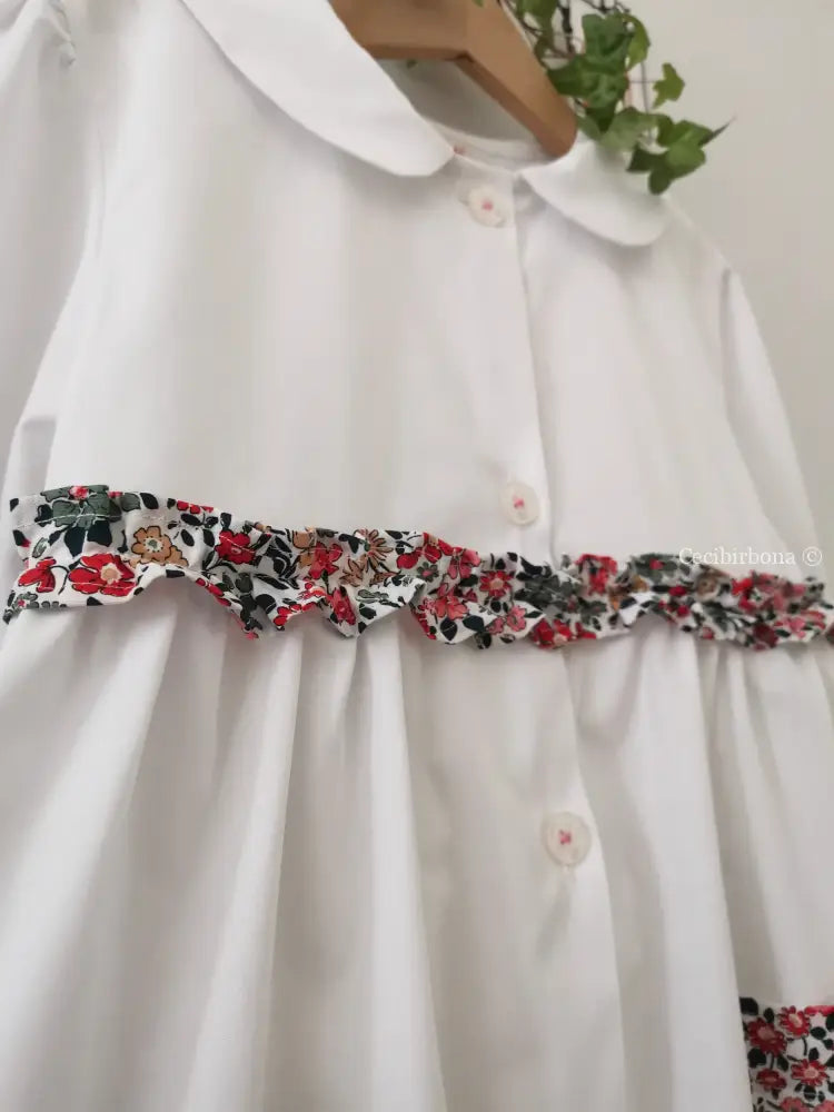 Riservato per Cecilia Il grembiulino bianco con i gerani - grembiule in cotone bianco per scuola primaria con colletto