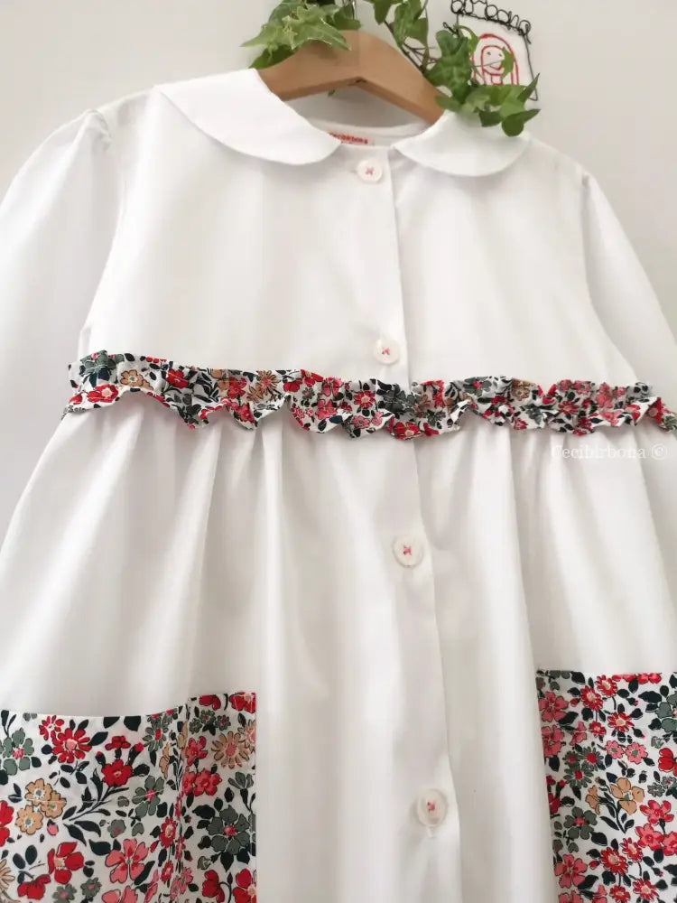 Riservato per Cecilia Il grembiulino bianco con i gerani - grembiule in cotone bianco per scuola primaria con colletto
