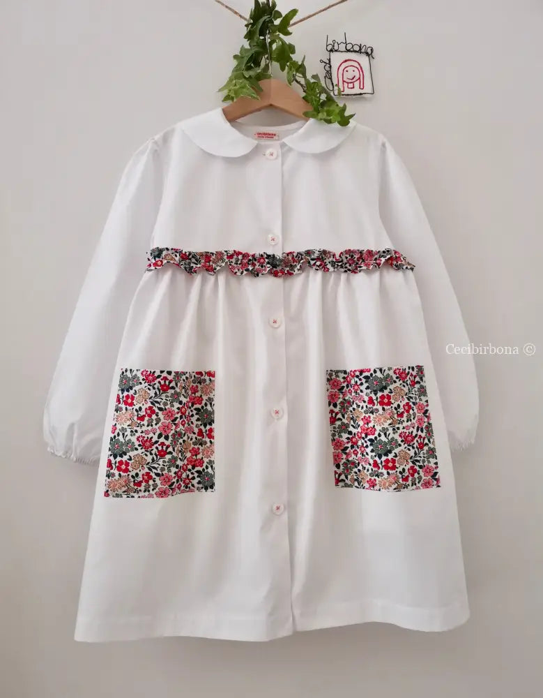 Riservato per Cecilia Il grembiulino bianco con i gerani - grembiule in cotone bianco per scuola primaria con colletto