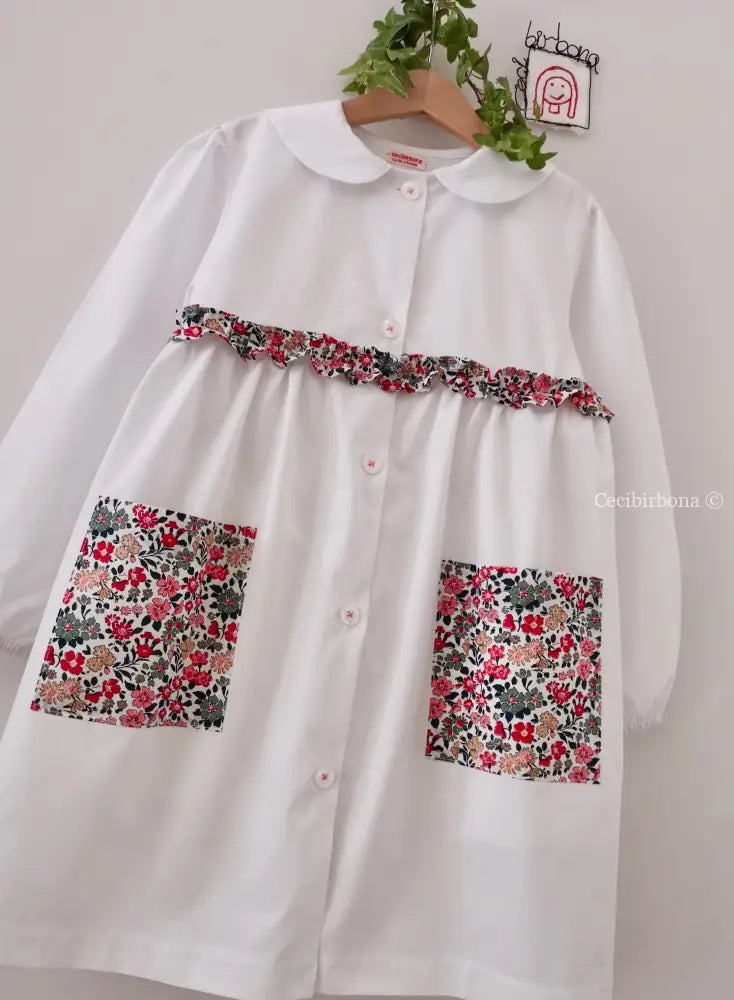Riservato per Cecilia Il grembiulino bianco con i gerani - grembiule in cotone bianco per scuola primaria con colletto