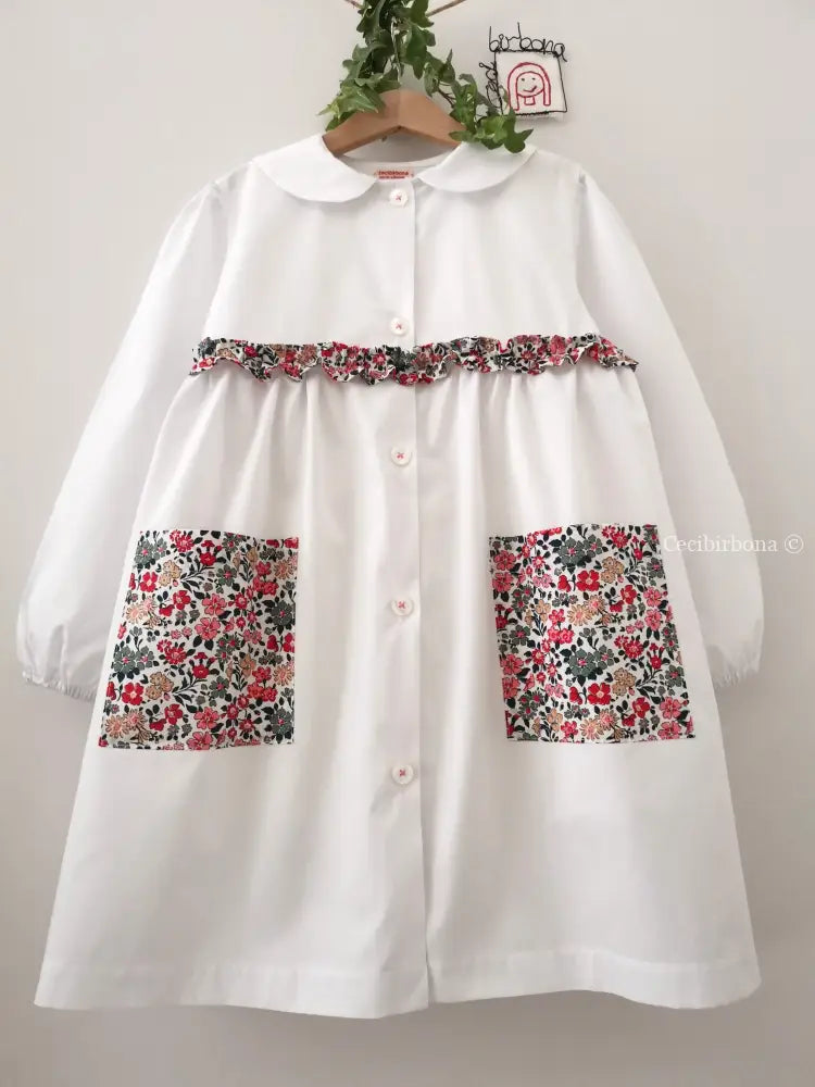 Riservato per Cecilia Il grembiulino bianco con i gerani - grembiule in cotone bianco per scuola primaria con colletto