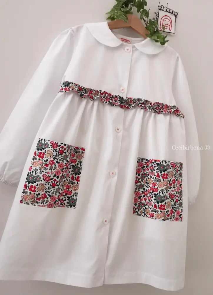 Riservato per Cecilia Il grembiulino bianco con i gerani - grembiule in cotone bianco per scuola primaria con colletto