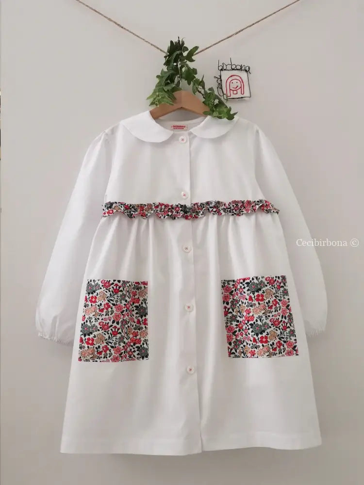 Riservato per Cecilia Il grembiulino bianco con i gerani - grembiule in cotone bianco per scuola primaria con colletto