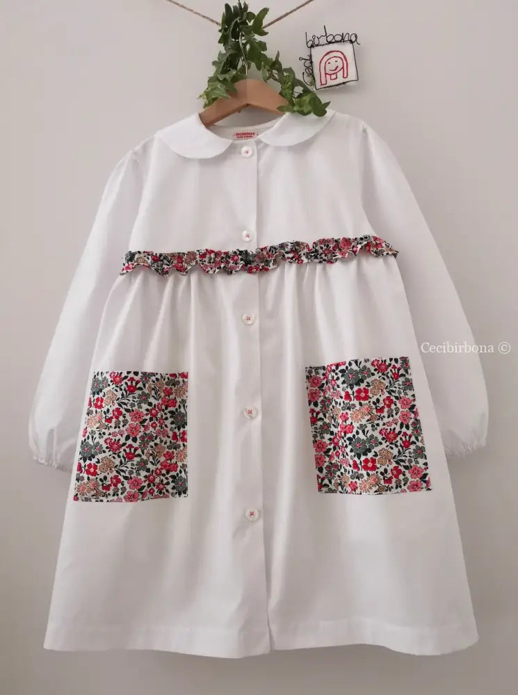 Riservato per Cecilia Il grembiulino bianco con i gerani - grembiule in cotone bianco per scuola primaria con colletto