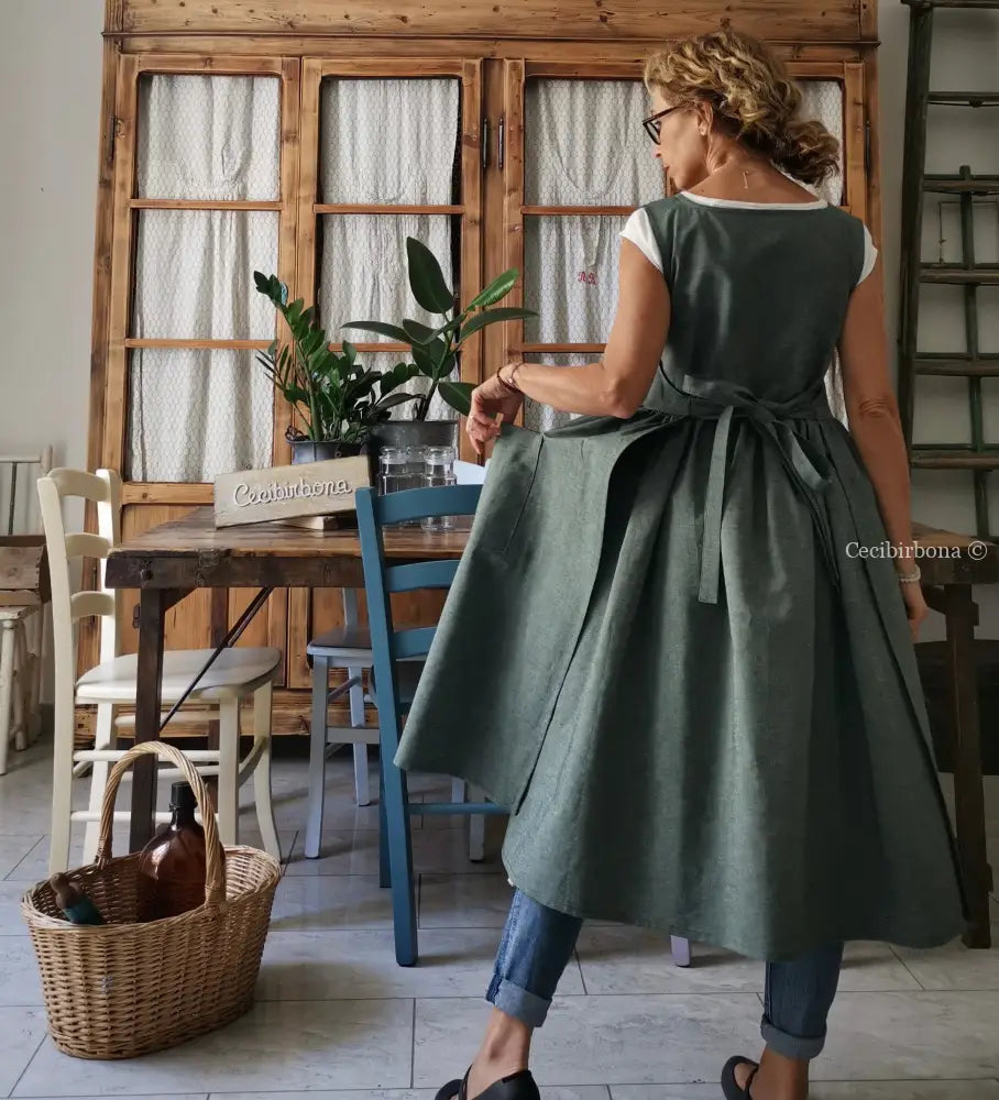 Riservato per Cristina Grembiule da cucina in cotone verde salvia grembiule donna tessuti moderni